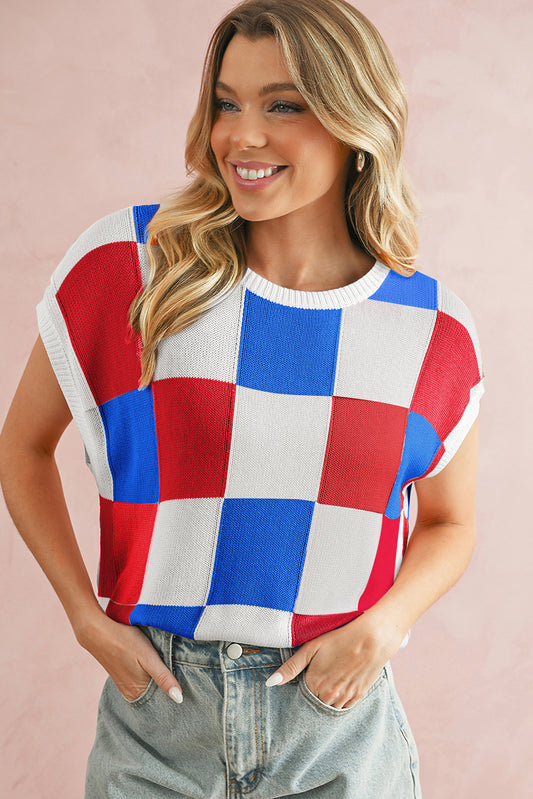 White Checkered Color Block Cap Sleeve Knitted Top