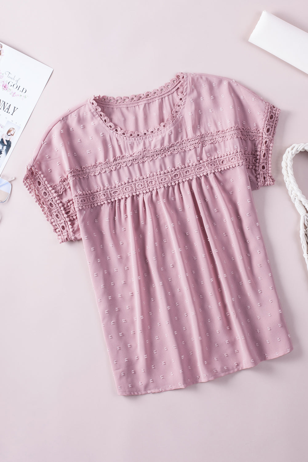 Apricot Swiss Dot Crochet Eyelet Back Button Detail Blouse