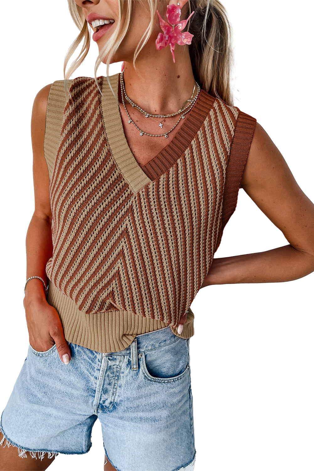 Light French Beige Contrast Chevron Knit V Neck Sweater Vest