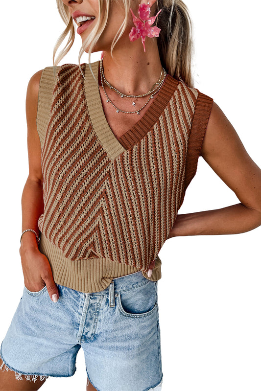Light French Beige Contrast Chevron Knit V Neck Sweater Vest