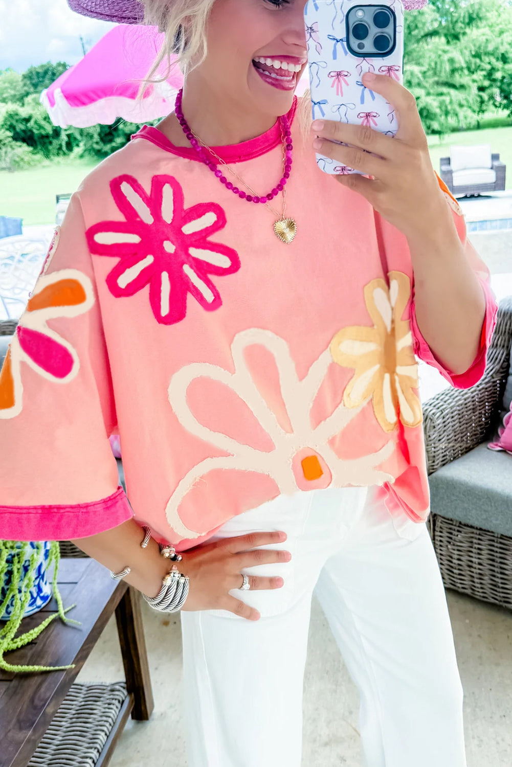 Pink Floral Patchwork Round Neck Blouse