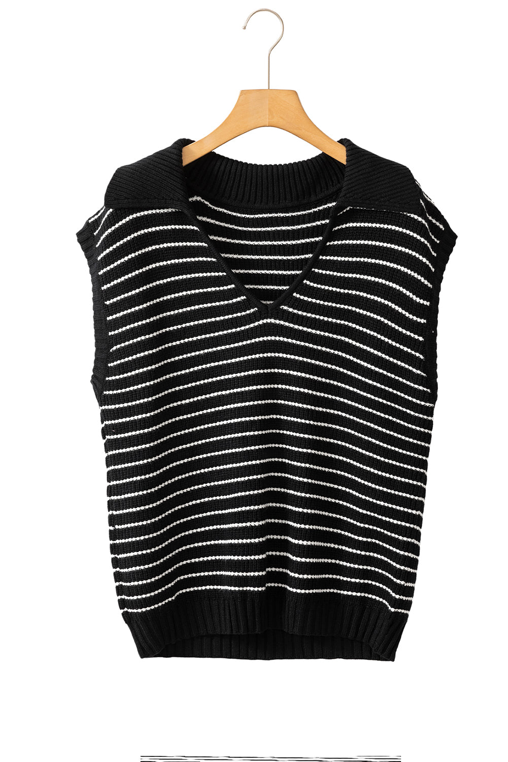 Black Stripe Turn-down Collar Sleeveless Knitted Top