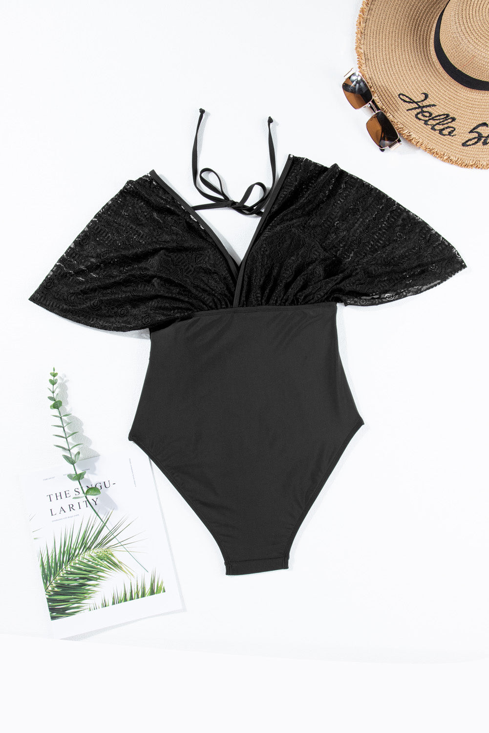 Black Lace Patchwork Short Sleeve V Neck One Piece Swimsuit