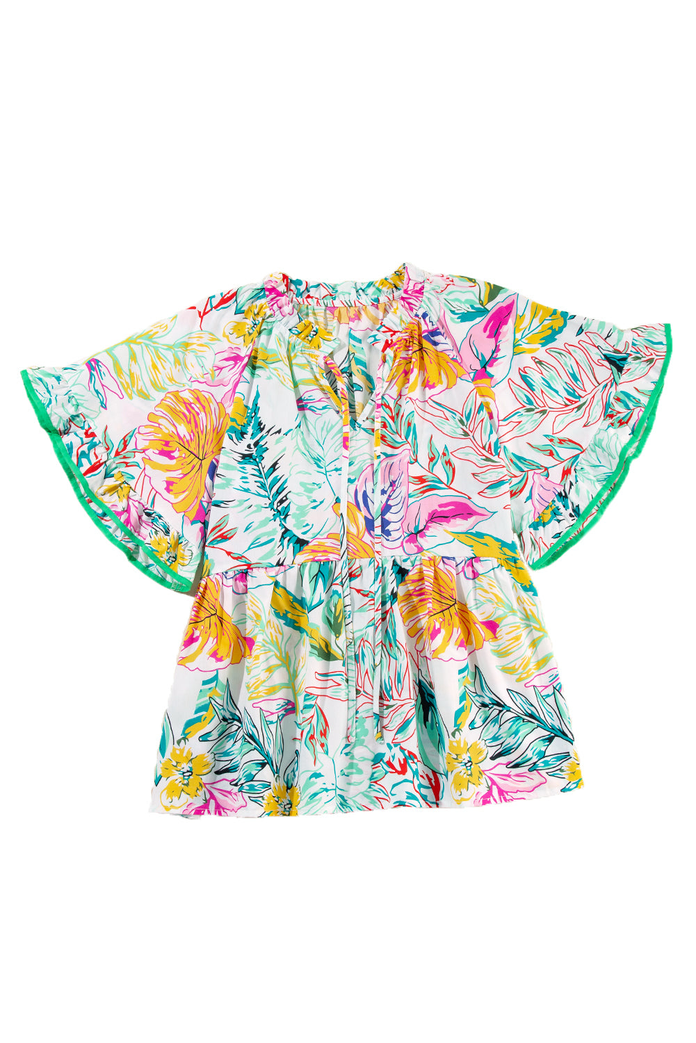 White Tropical Plant Print Tie Neck Ruffle Blouse