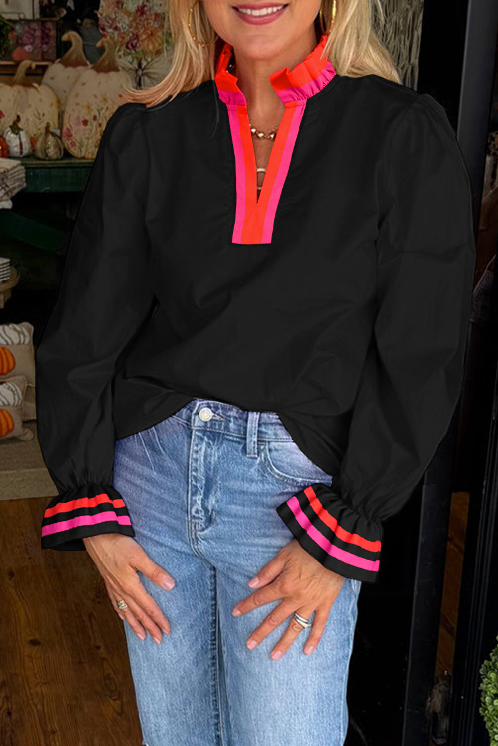 Fiery Red Striped Trim Ruffle Split Neck Long Sleeve Blouse