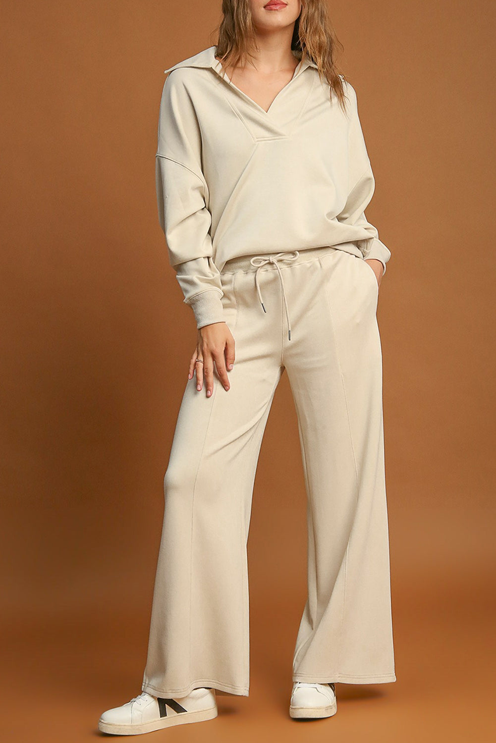 Beige Solid Long Sleeve Collar Drawstring Pants Set