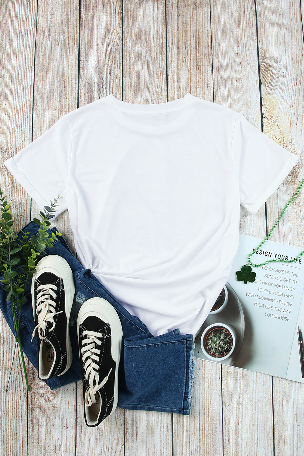 Green Plain Solid Color Crew Neck Tee