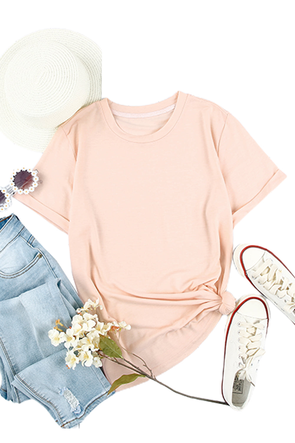 Green Plain Solid Color Crew Neck Tee