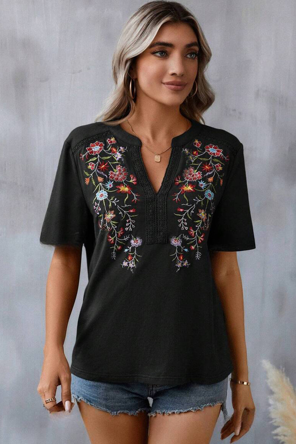 Black Embroidered Floral Boho V Neck Blouse