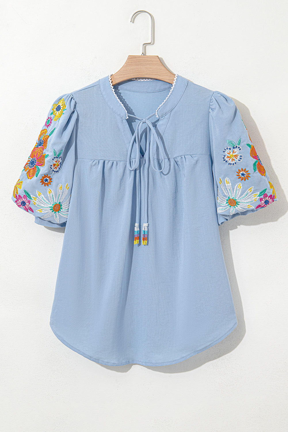 Beau Blue Floral Embroidered Puff Sleeve Split Neck Blouse - Kustom Kreations Goods