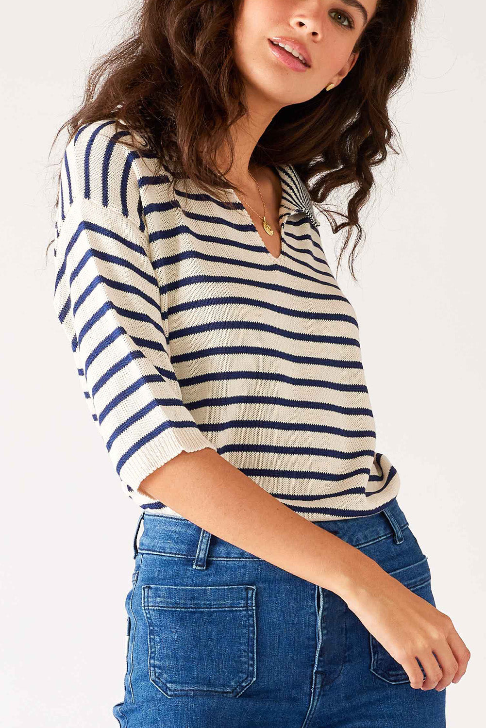 Blue Striped V Neck Half Sleeve Knit Top