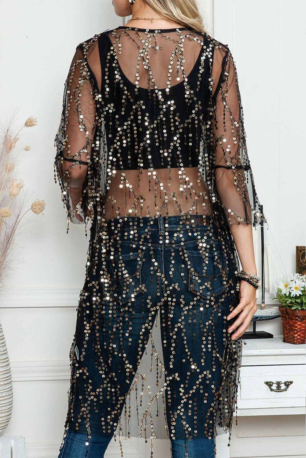 Black Sequin Sheer Casual Open Front Cover Up