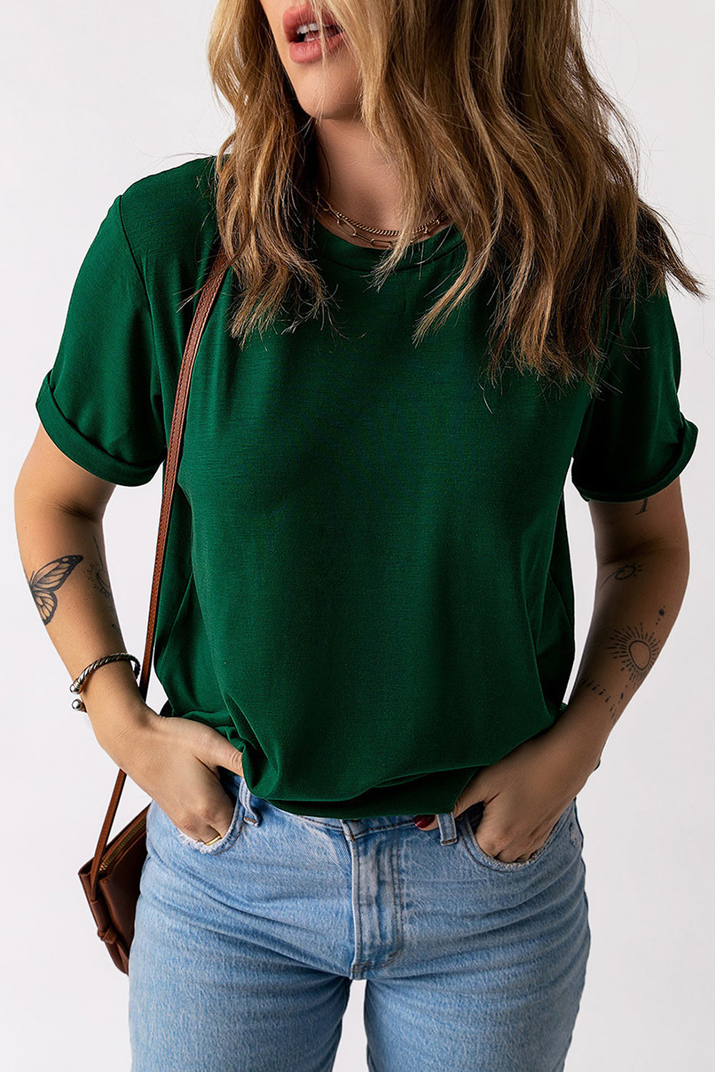 Green Plain Solid Color Crew Neck Tee