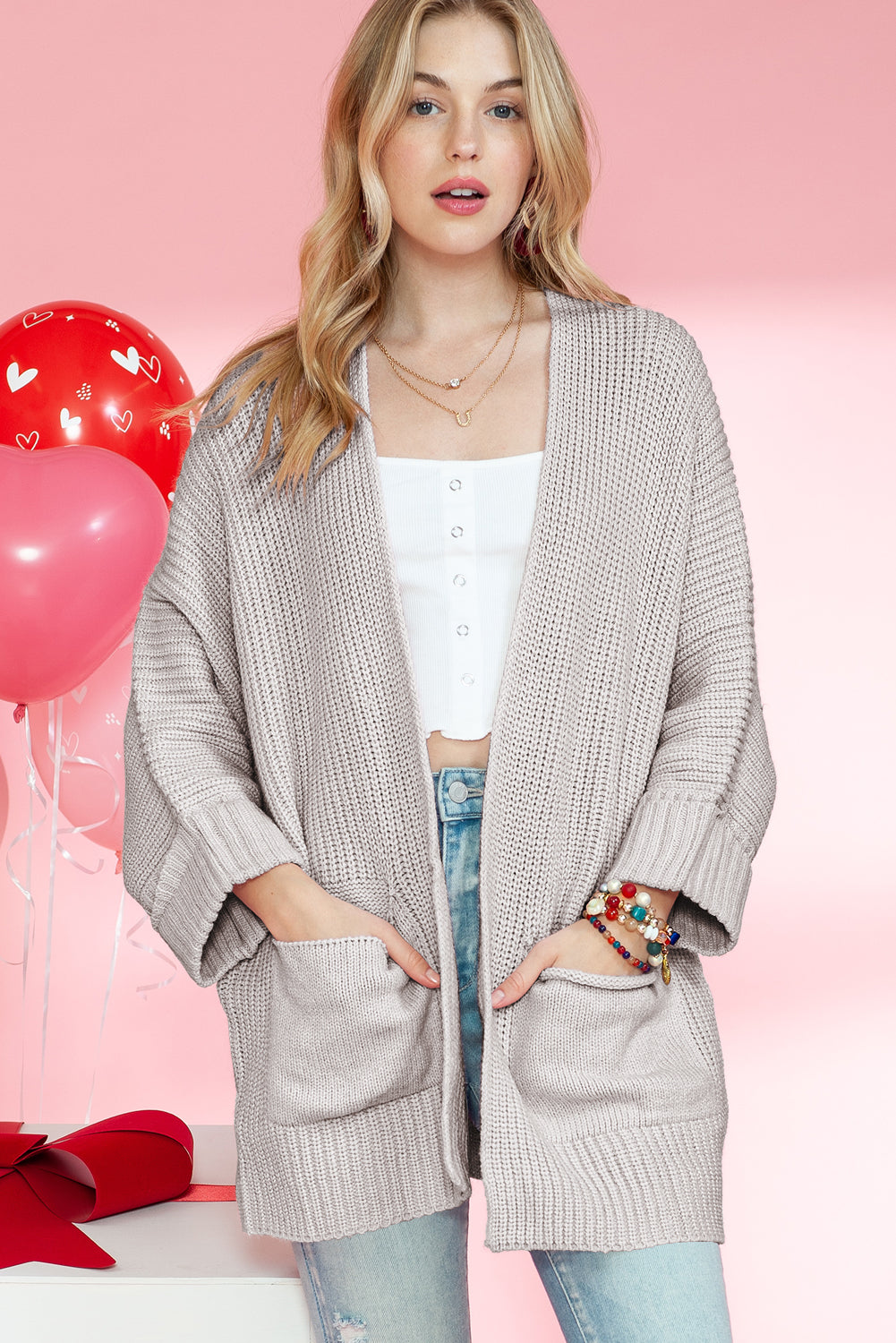 Gray Batwing Sleeve Pocket Oversized Cable Knit Cardigan