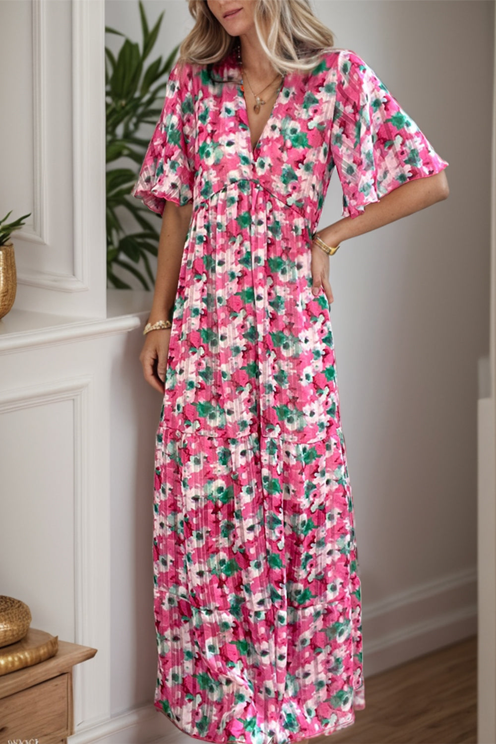 Printed Plunge Short Sleeve Maxi Tiered Dress