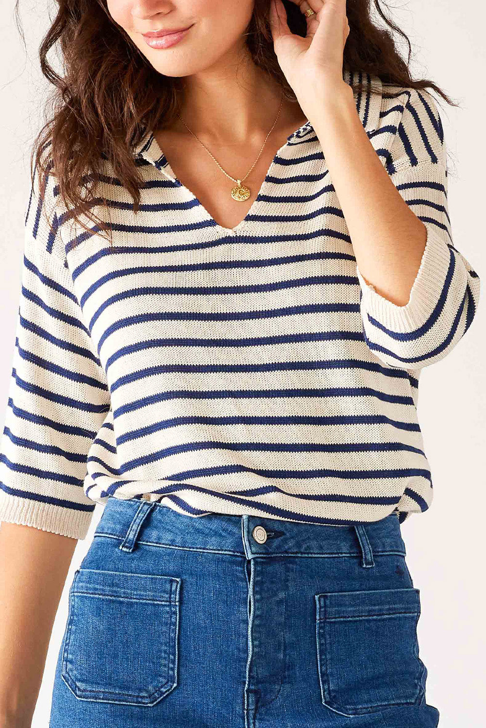 Blue Striped V Neck Half Sleeve Knit Top