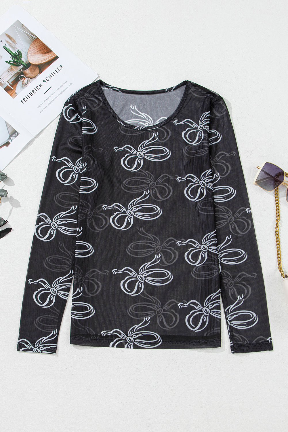 Black Bow Print Long Sleeve Mesh Top - Kustom Kreations Goods