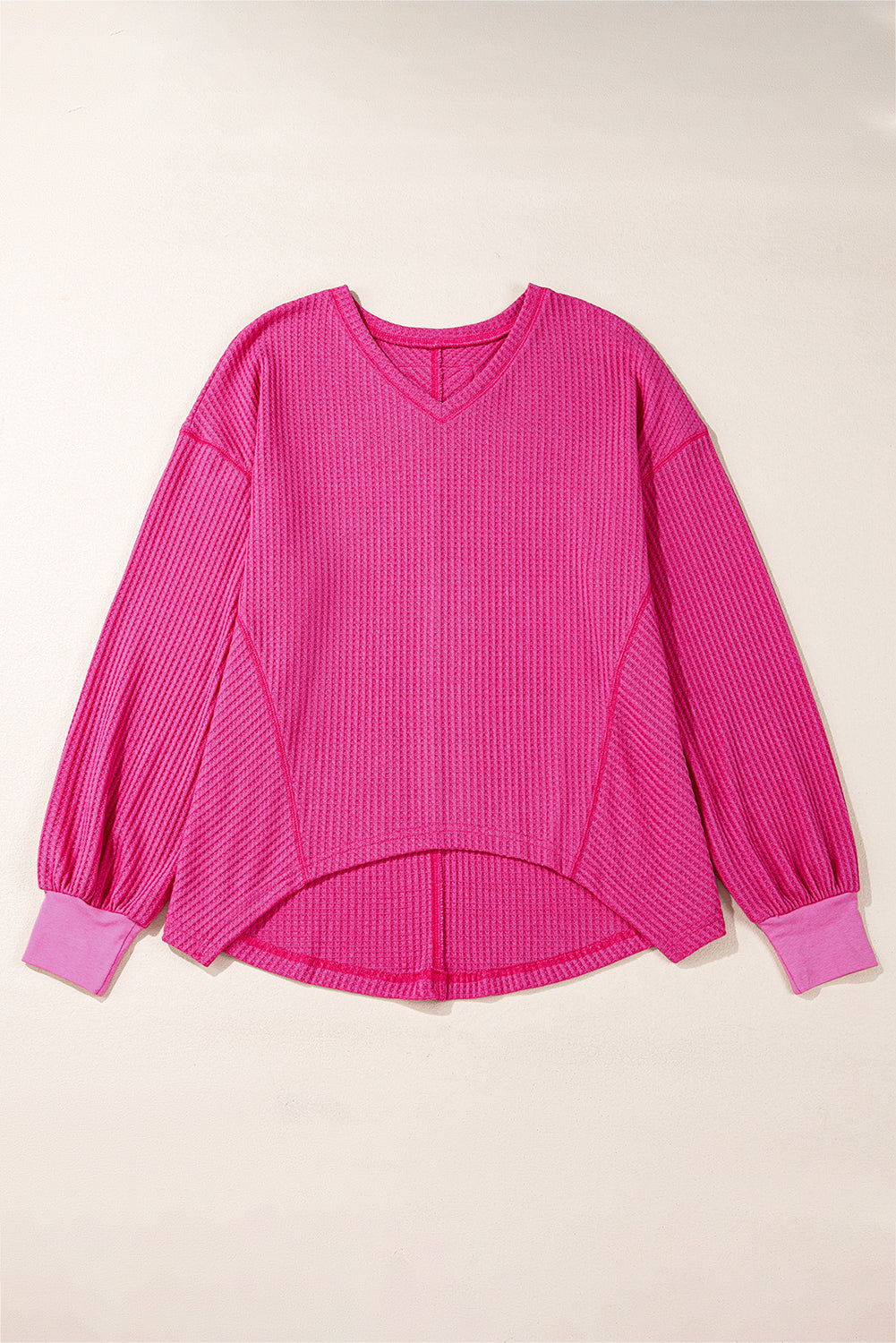 Bright Pink Waffle V Neck Drop Shoulder Long Sleeve Loose Top