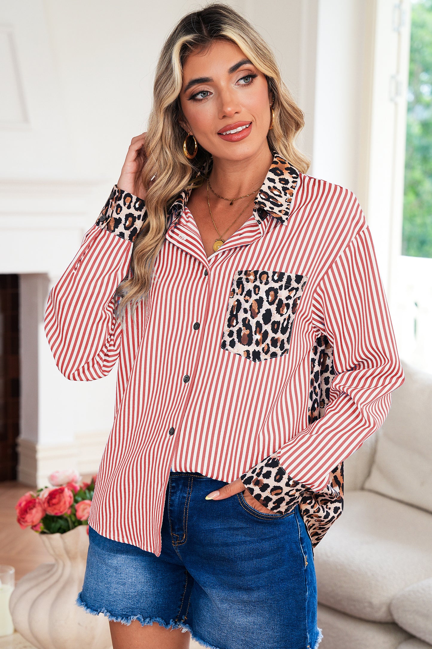 Racing Red Leopard and Striped Patchwork Button Shirt