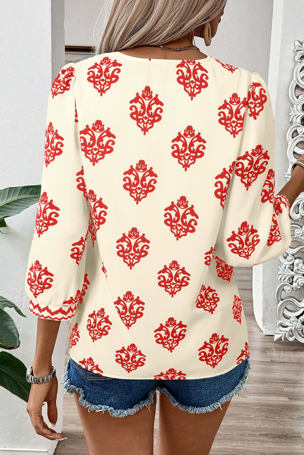 Green Damask Floral Print Contrast V Neck 3/4 Sleeve Blouse - Kustom Kreations Goods