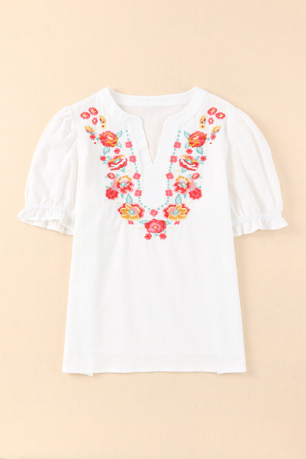 Black Floral Embroidered Boho Ruffle Puff Sleeve Blouse
