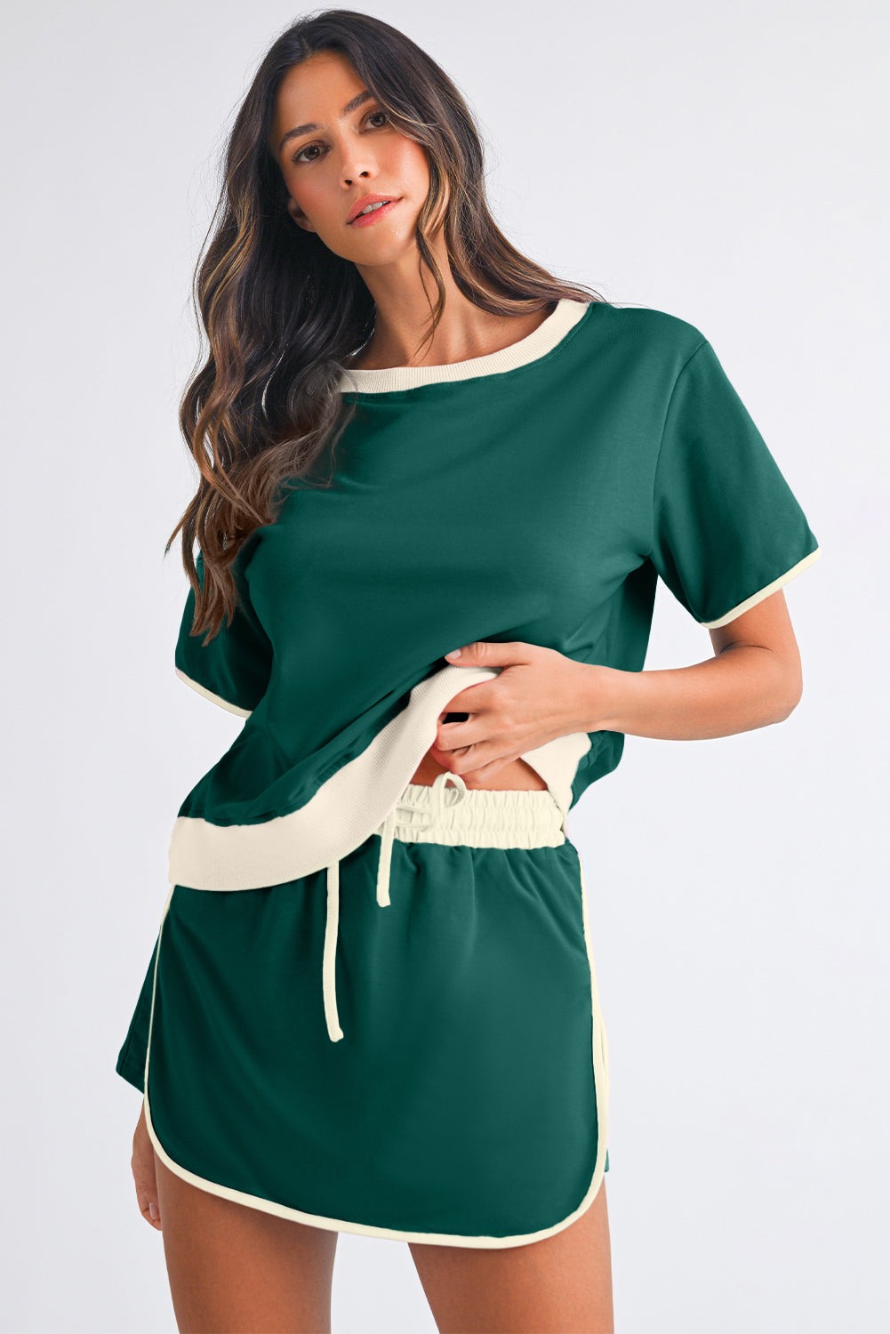 Evergreen Colorblock Edge Drop Shoulder T Shirt and Skort 2Pcs Set - Kustom Kreations Goods