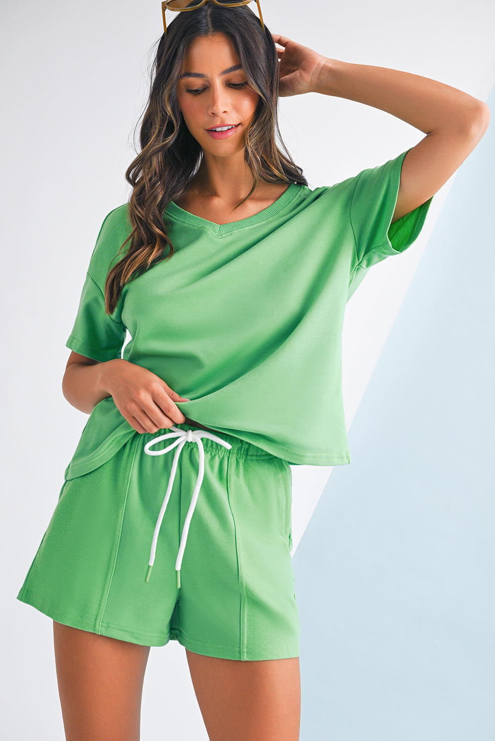 Mint Green V Neck Drop Shoulder Tee and Patchwork Shorts Set