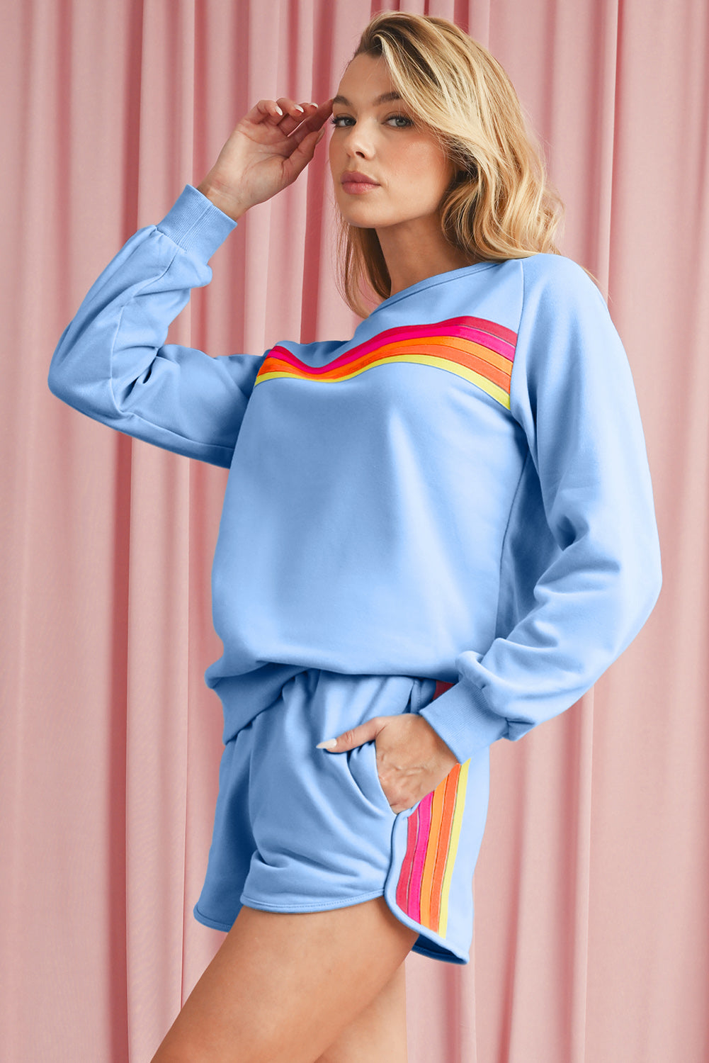 Black Colorful Striped Long Sleeve Pullover and Shorts Set - Kustom Kreations Goods