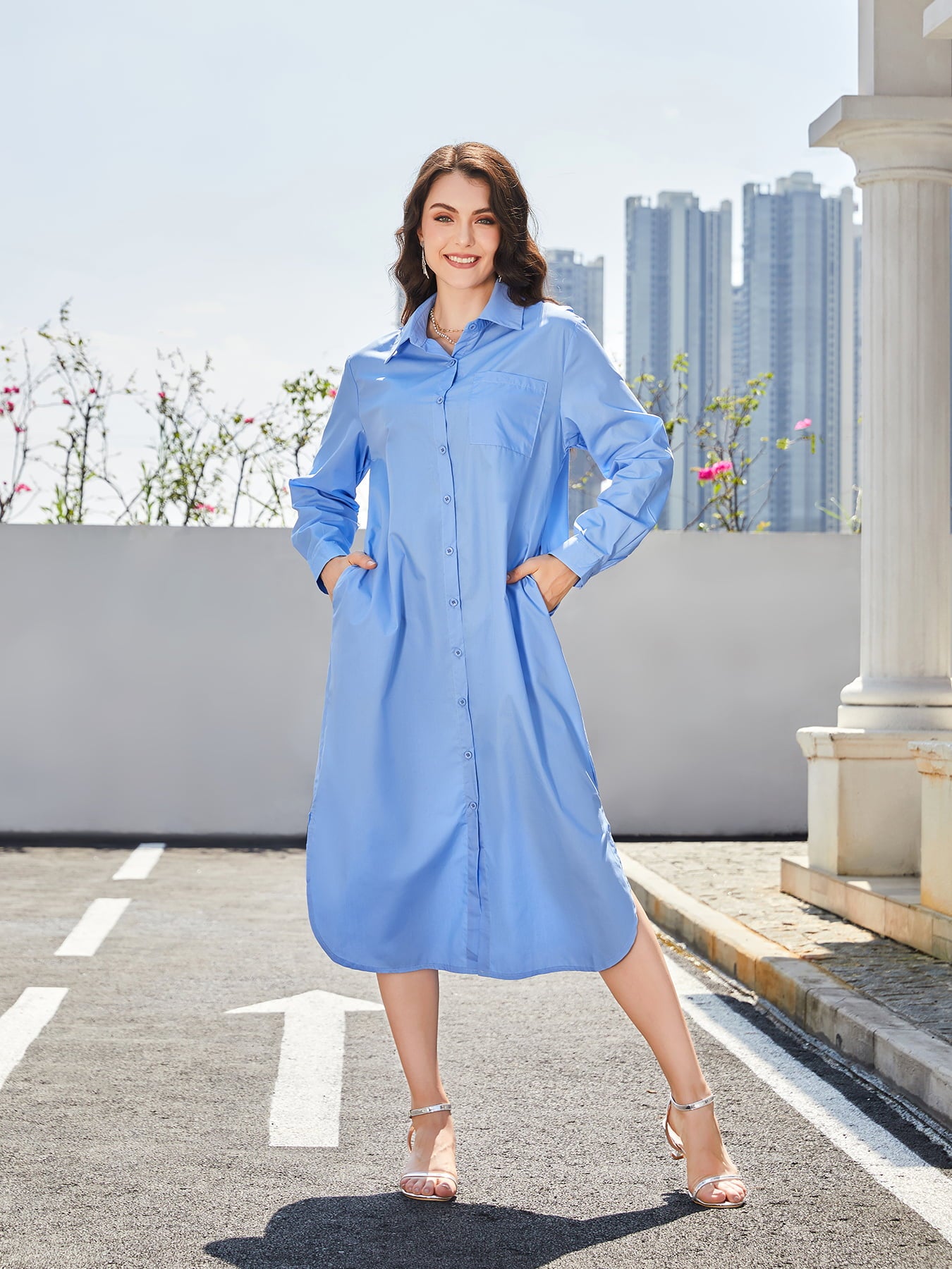 Long Sleeve Side Slit Midi Shirt Dress