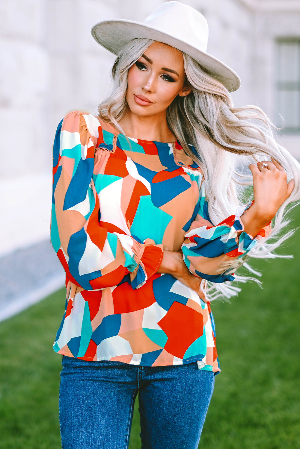 Multicolor Colorblock Casual Ruffle Puff Sleeve Blouse