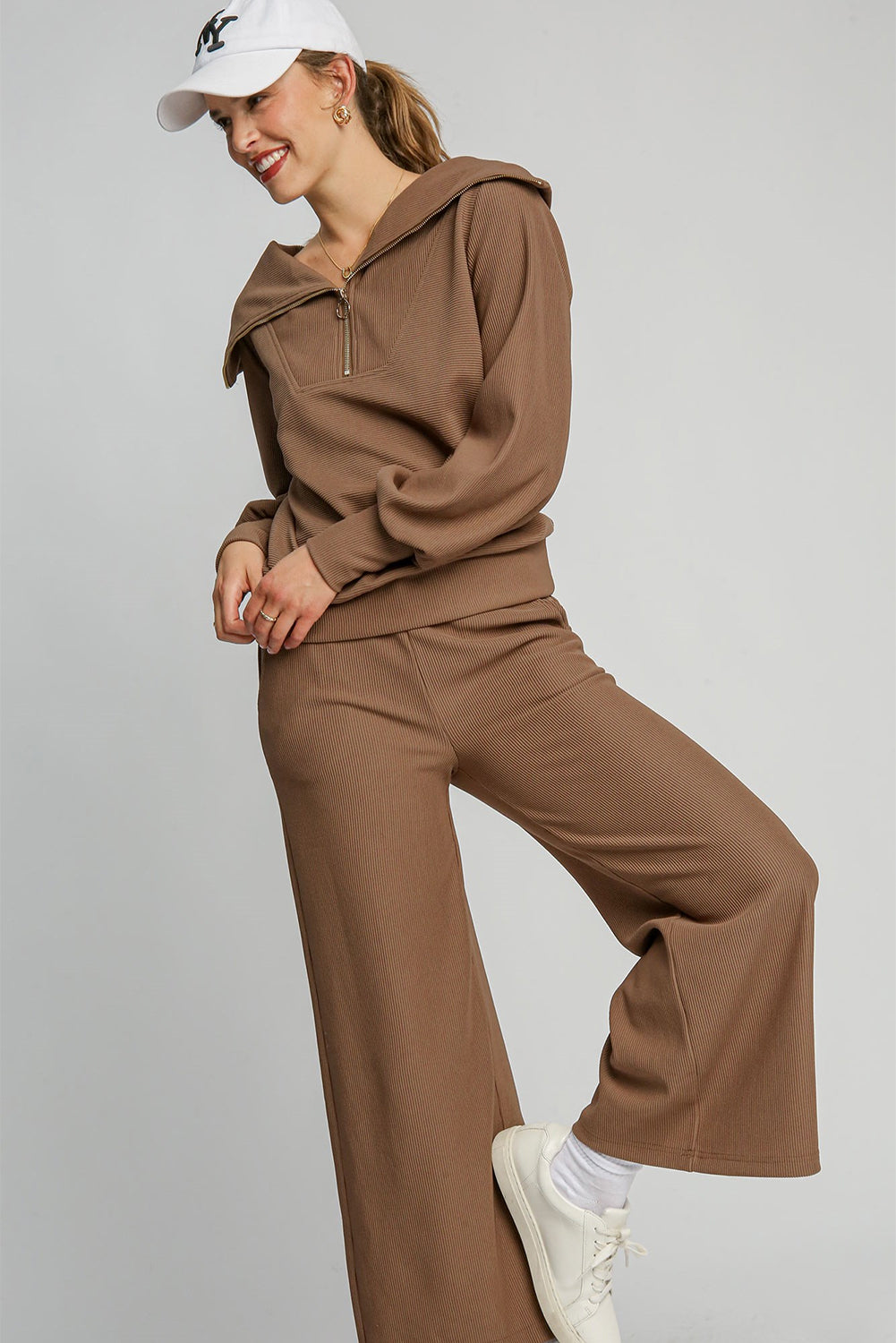 Coffee Solid Long Sleeve Zipper Pocket Pants Set