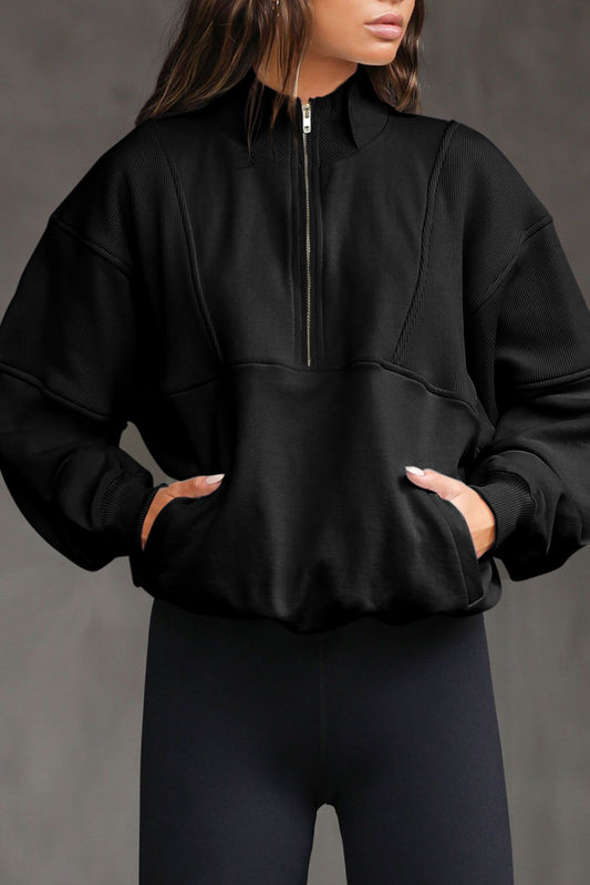 Black Half Zip Stand Collar Exposed Seam Solid Color Casual Sweatshirt - Kustom Kreations Goods