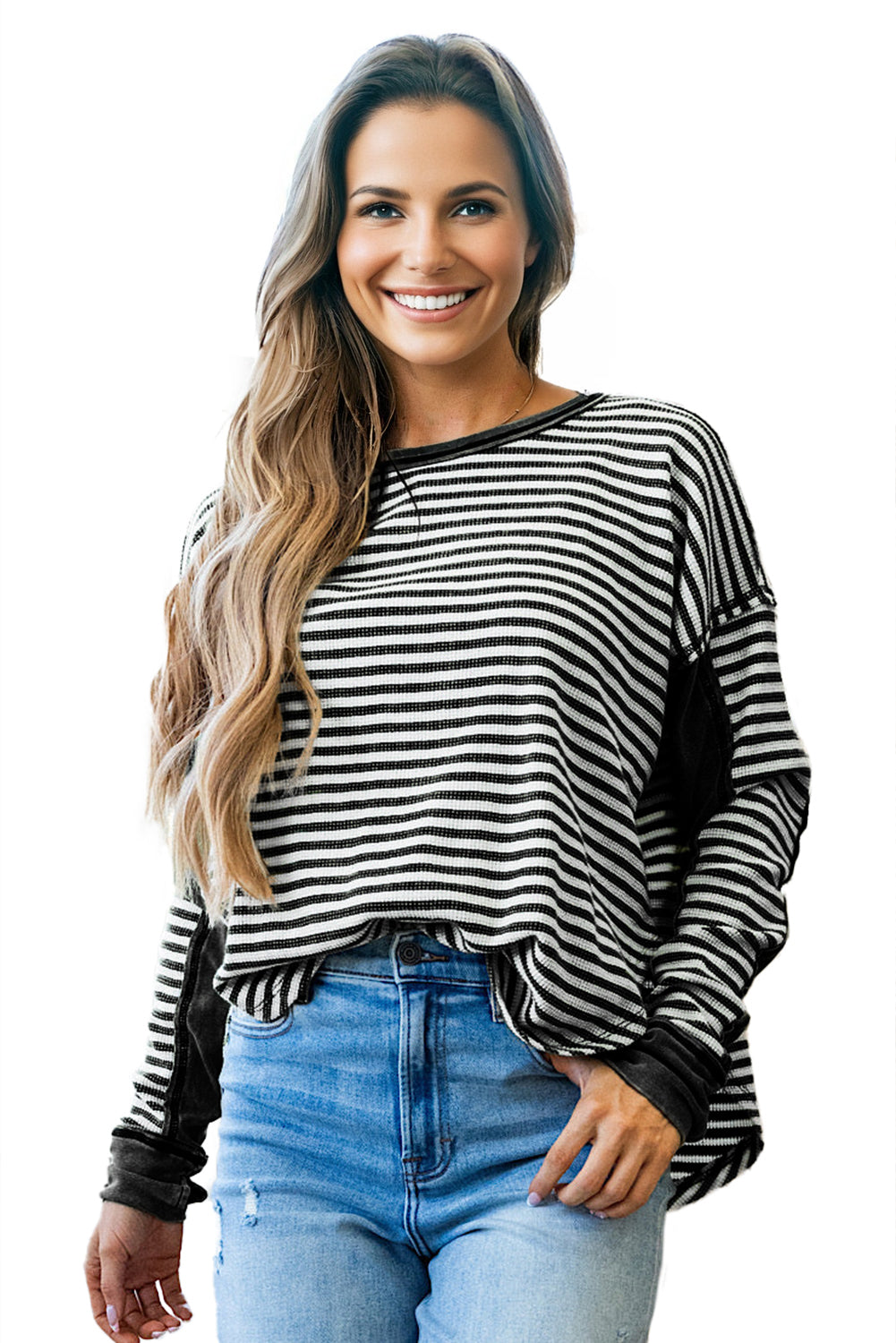 Green Striped Patchwork Knit Drop Shoulder Top