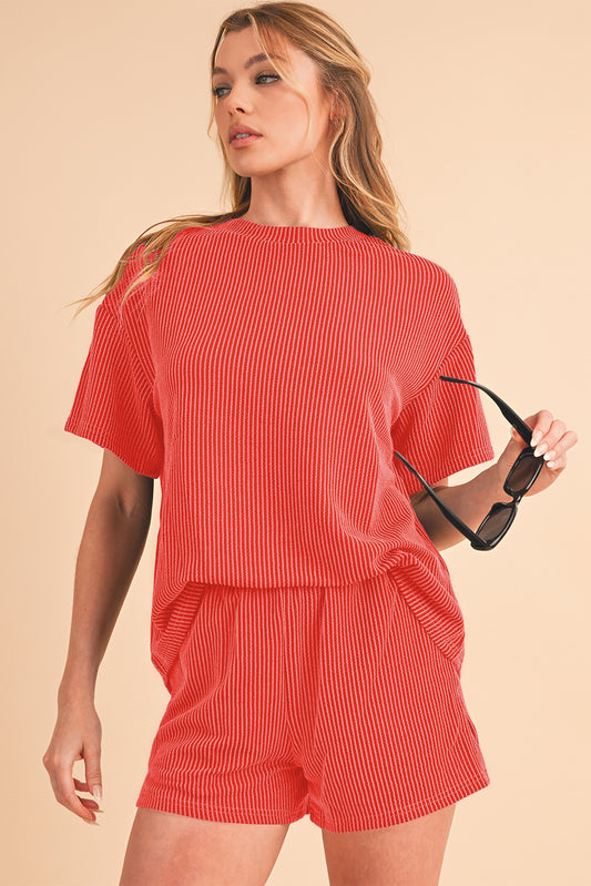 Orange Ribbed Textured Loose Fit Tee & Shorts Set
