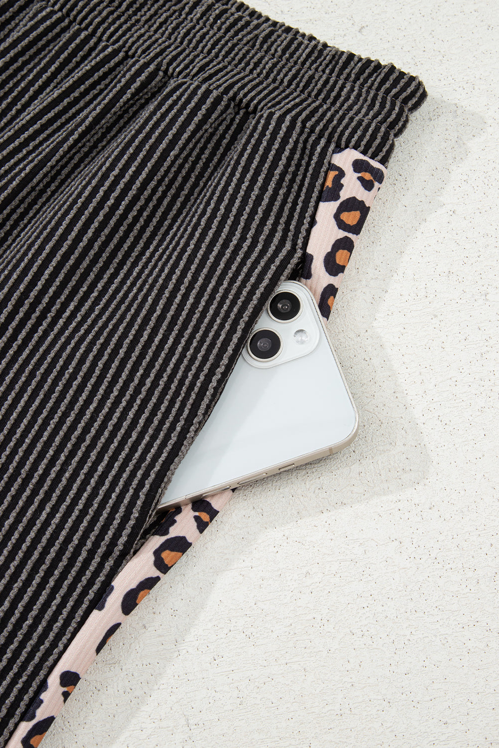 Carbon Grey Leopard Patchwork Trim Twisted Rib T Shirt and Cropped Pants Set - Kustom Kreations Goods