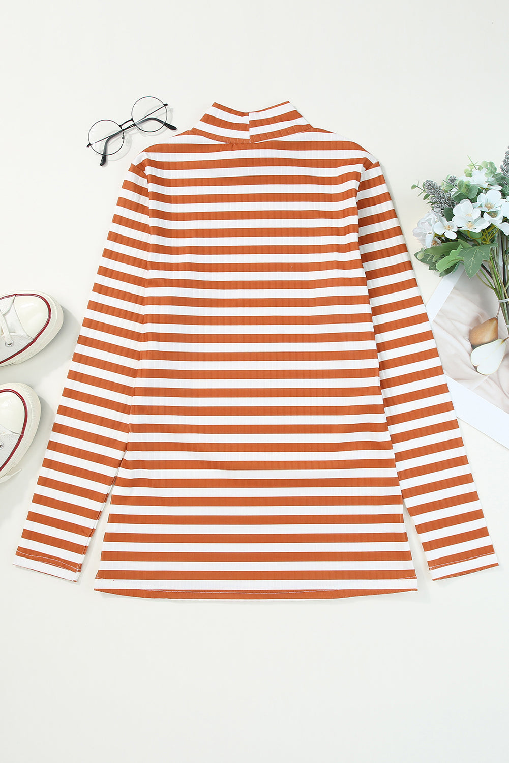 Stripes Print Ribbed Knit Long Sleeve Casual Mock Neck Top