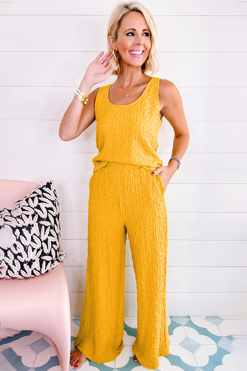 Yellow Crinkled U Neck Tank and Wide Leg Pants Set