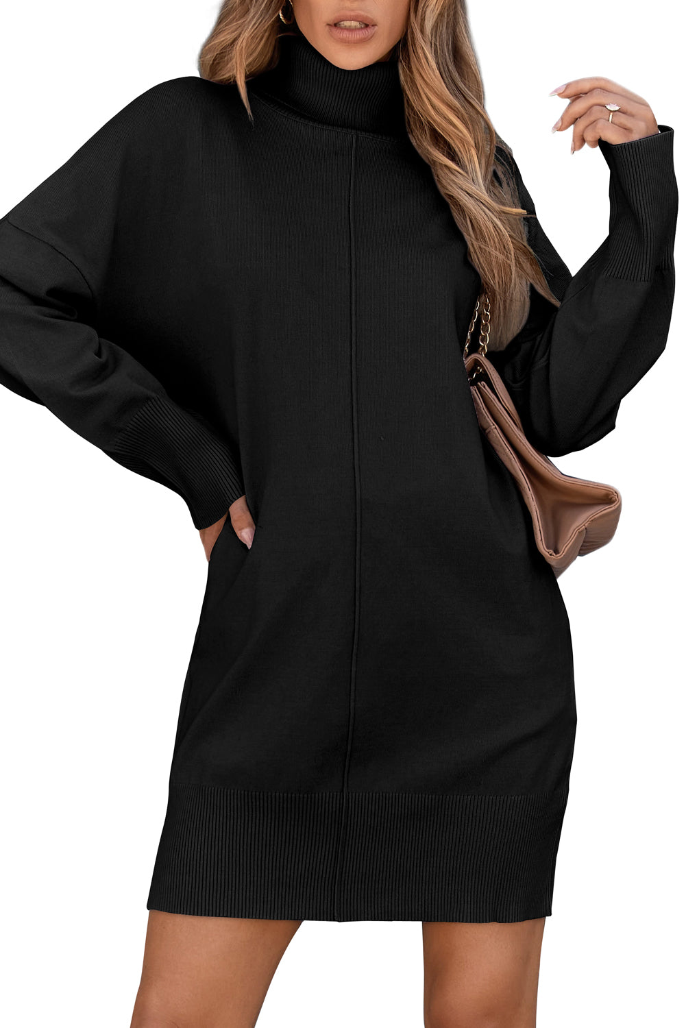 Black Solid Color Turtleneck Drop Shoulder Loose Sweater Dress - Kustom Kreations Goods