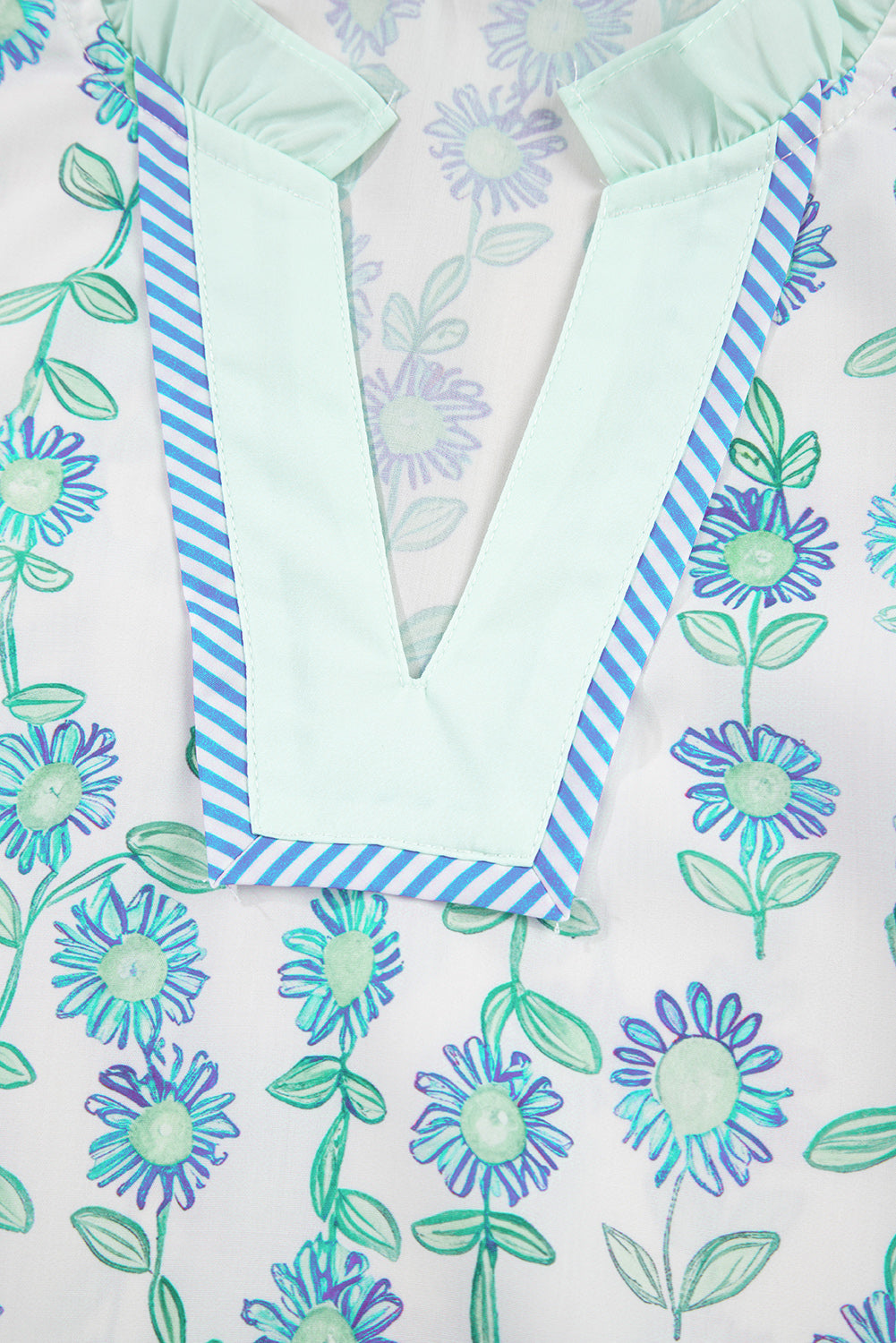 Green Floral Print Striped Trim Contrast V Neck Patchwork Boho Blouse - Kustom Kreations Goods