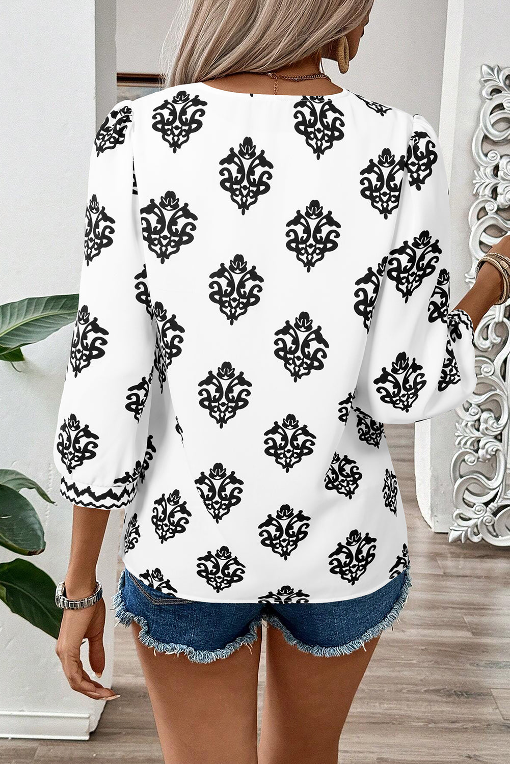 Green Damask Floral Print Contrast V Neck 3/4 Sleeve Blouse - Kustom Kreations Goods