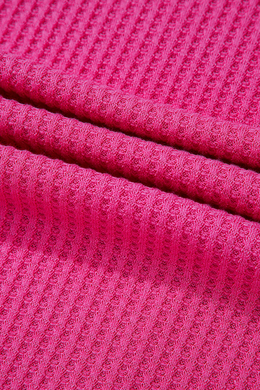 Bright Pink Waffle V Neck Drop Shoulder Long Sleeve Loose Top