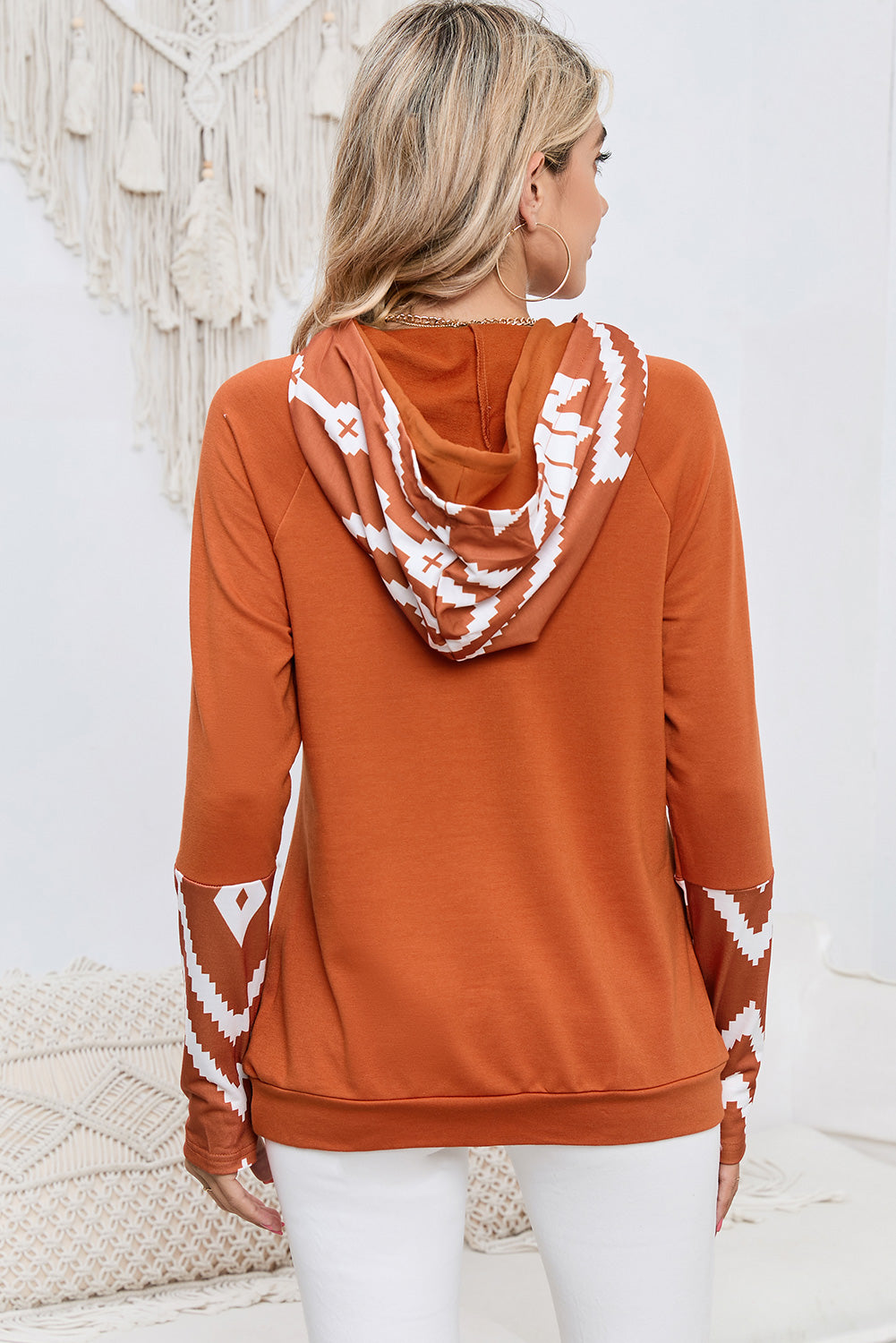 Brown Aztec Pattern Pullover Hoodie with Pockets