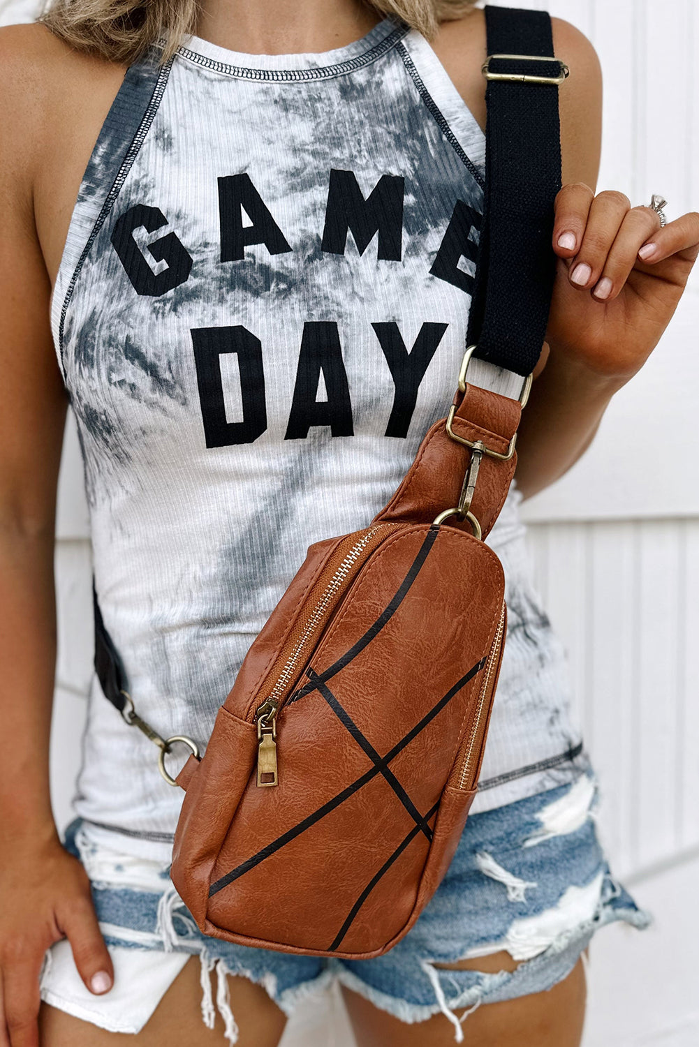 Black Football Pattern PU Leather Zipped Crossbody Bag