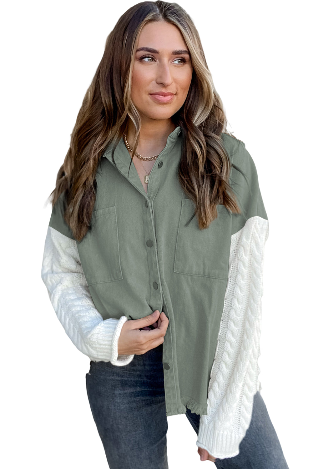 Beige Cable Knit Patchwork Sleeve Raw Hem Shacket