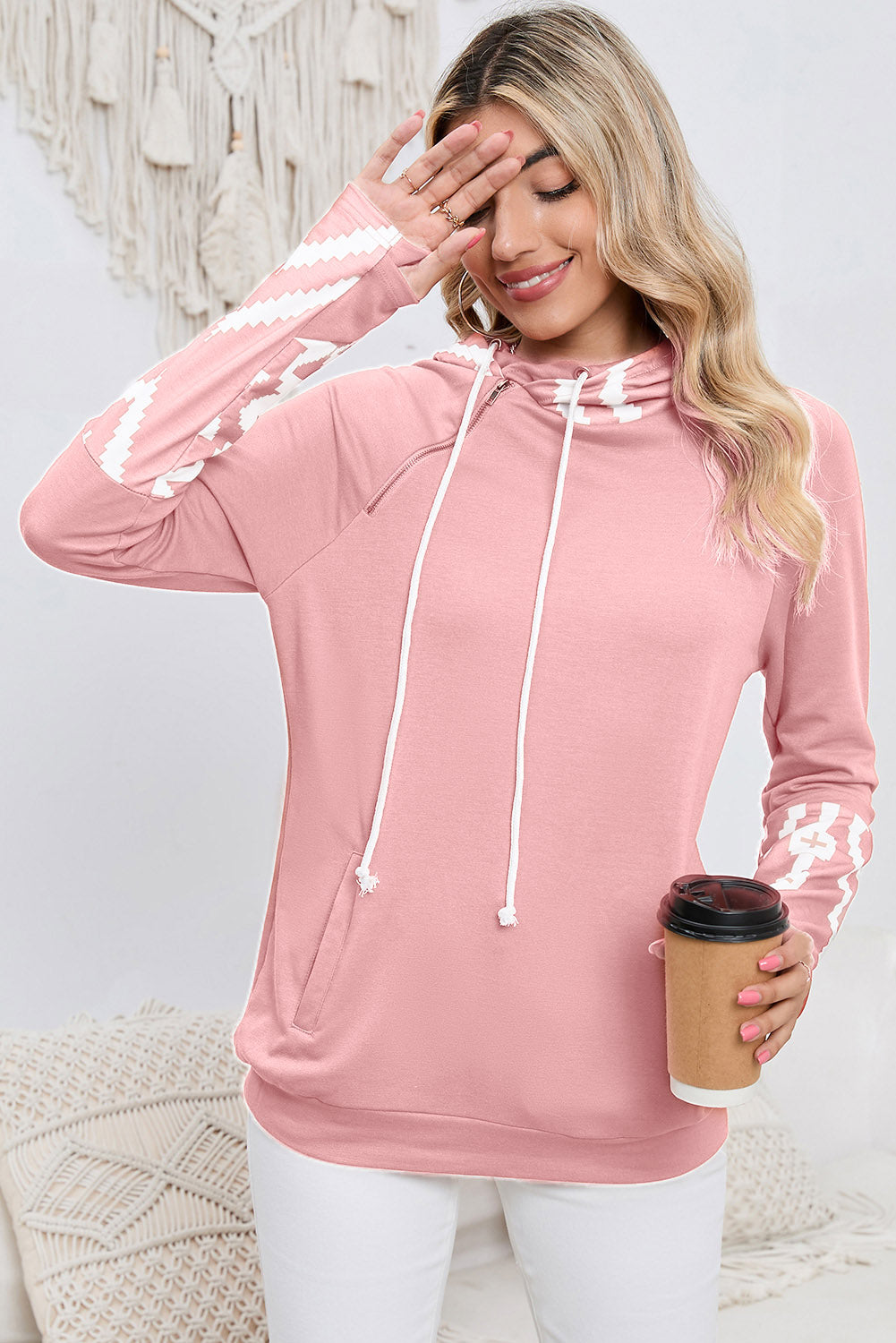 Brown Aztec Pattern Pullover Hoodie with Pockets