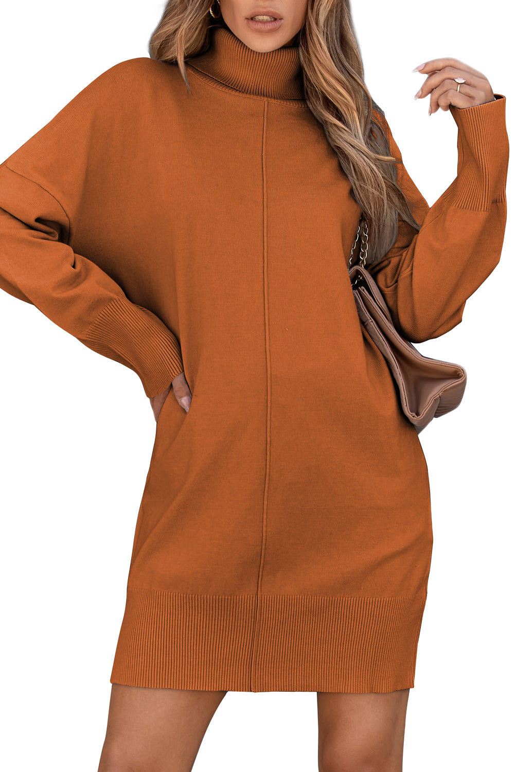 Black Solid Color Turtleneck Drop Shoulder Loose Sweater Dress - Kustom Kreations Goods