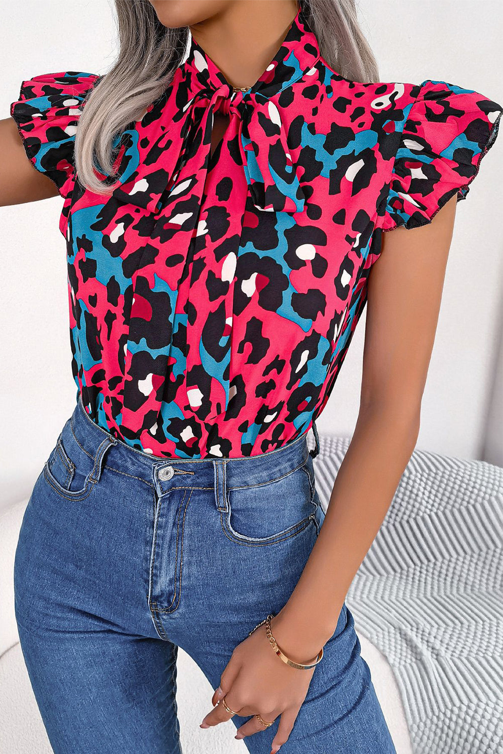 Rose Leopard Print Lace Up Neck Flutter Sleeve Blouse