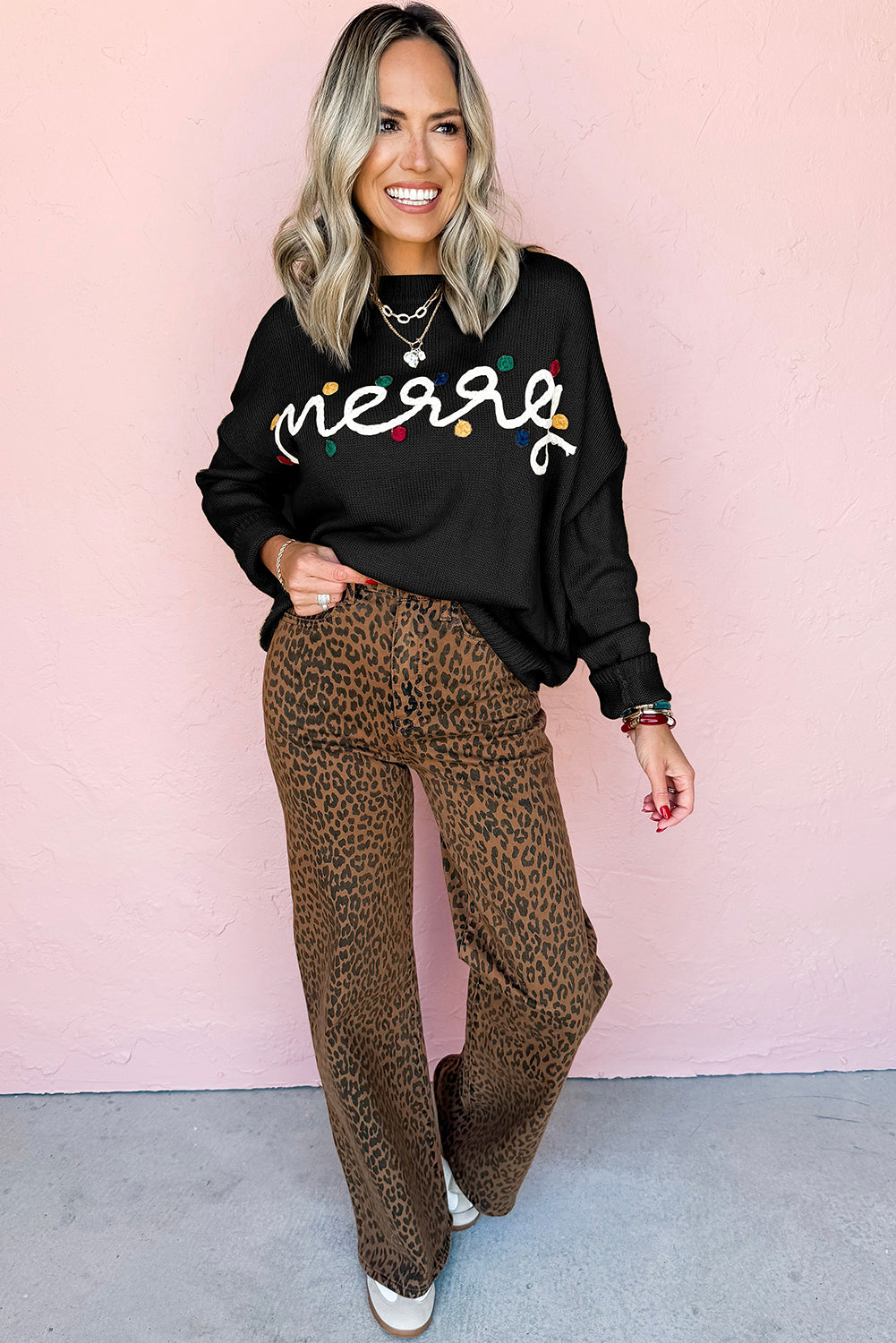 Black Merry Colorful Dot Detail Christmas Dolman Sweater - Kustom Kreations Goods