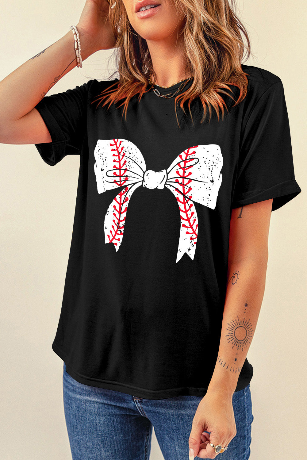 Black Baseball Bowknot Graphic Roll Up Sleeve Tee - Kustom Kreations Goods