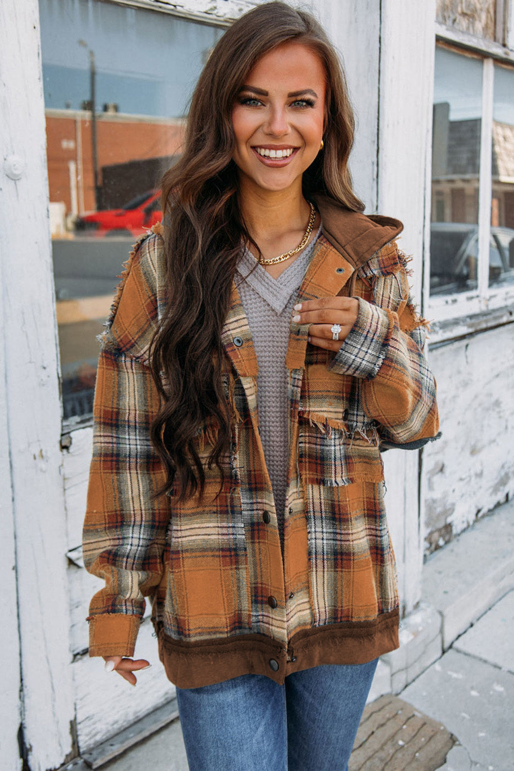 Grey Plaid Patchwork Frayed Trim Snap Button Hooded Jacket